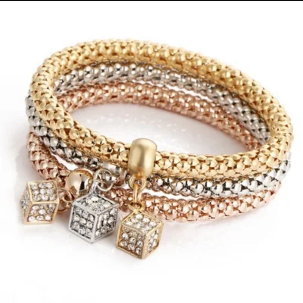 3pcs Rhinestone Square Charm Bracelet